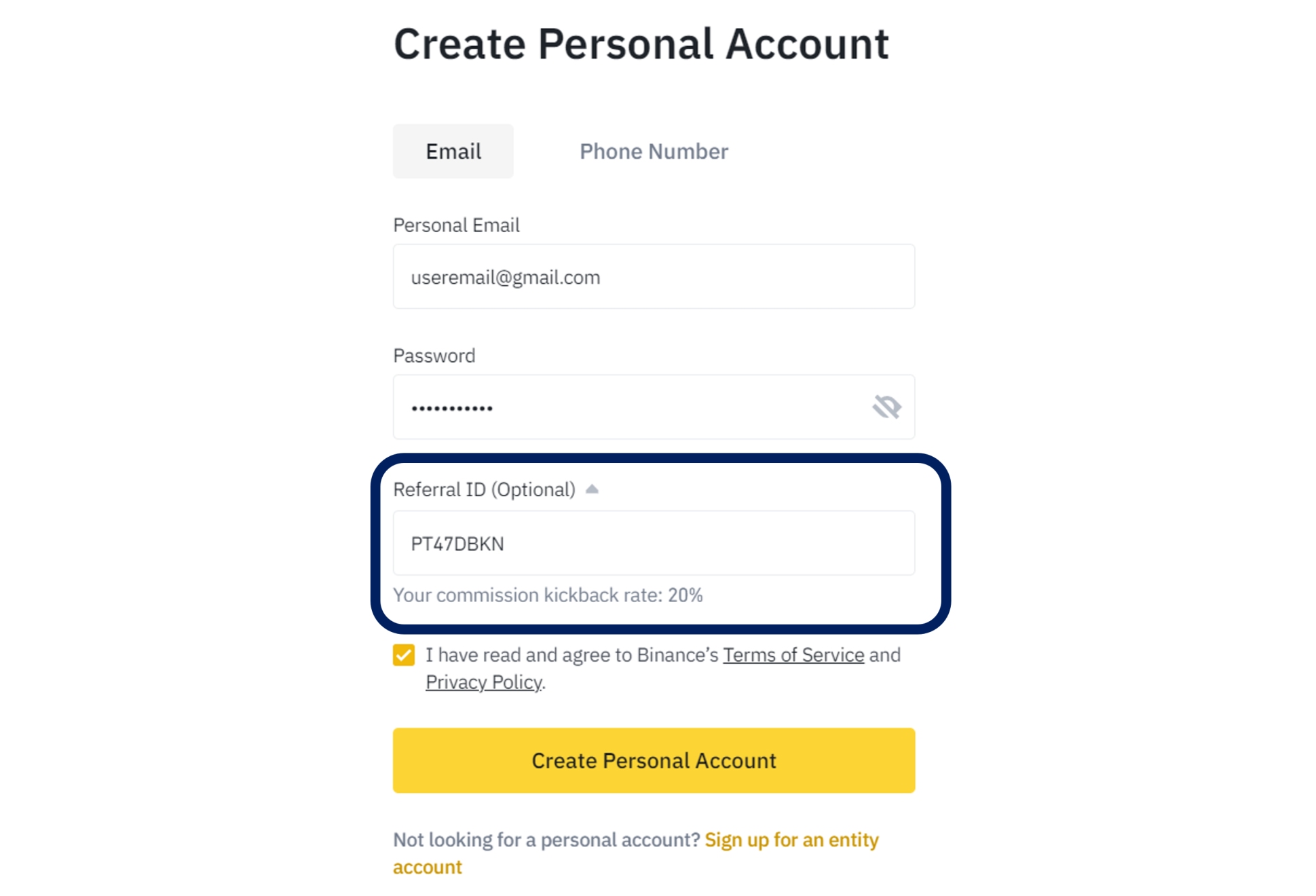 Binance referral id code field on sign up